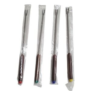 Vintage Style Fondue Fork Set 4pc Wood Handle Color Coded Tips Stainless Steel